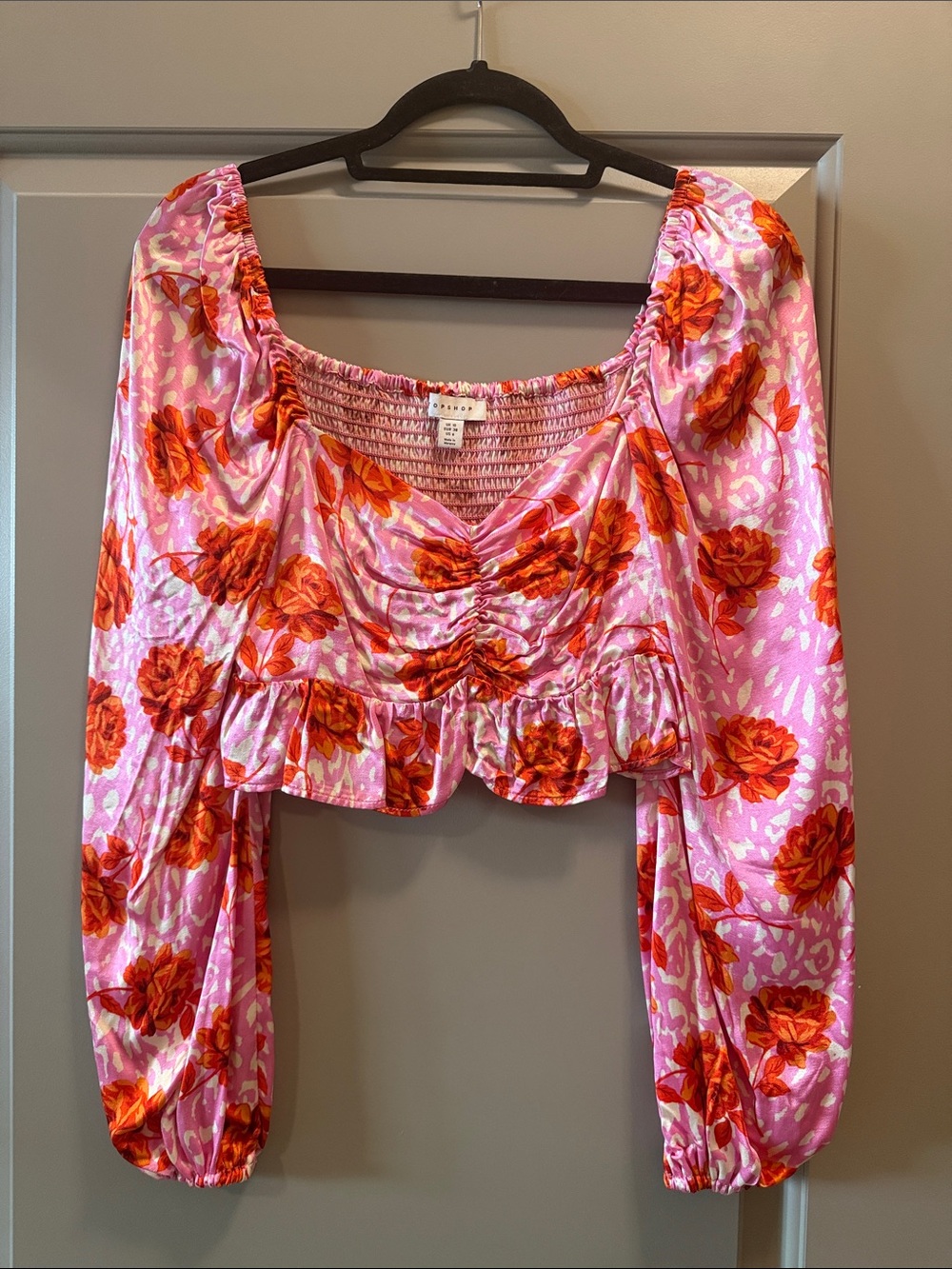 Topshop Pink and Orange Floral Ruched Crop Top